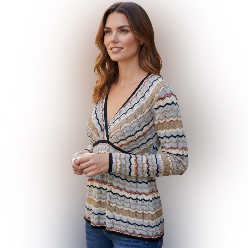 Emma James Beige and Black Chevron Blouse